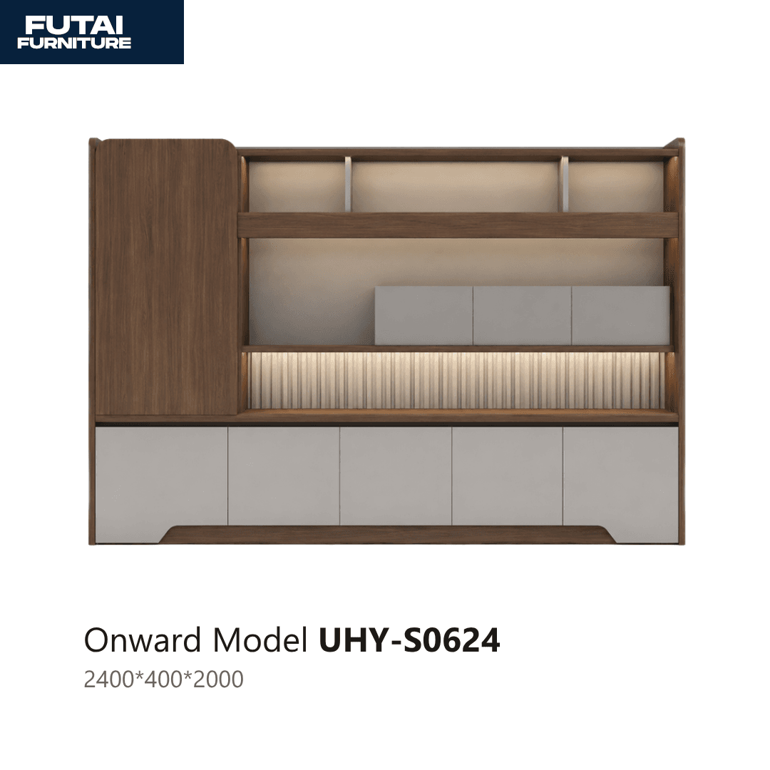 ตู้หลังโต๊ะผู้บริหาร รุ่น UHY-S0624 ดีไซน์ทูโทน มีชั้นวางเปิด