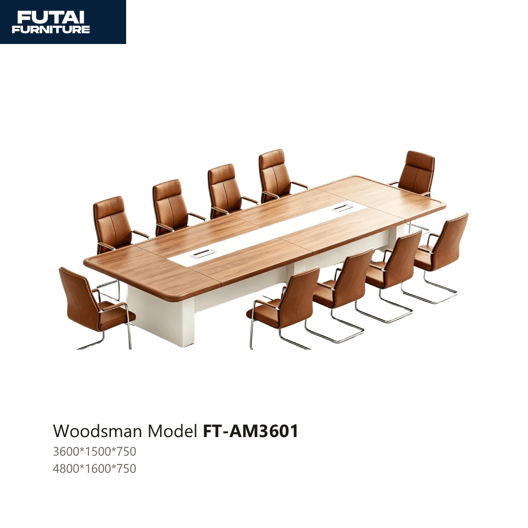 โต๊ะประชุมหน้าไม้ รุ่น FT-AM3601 ขาตู้ทึบสีขาว พร้อมช่องเดินสาย