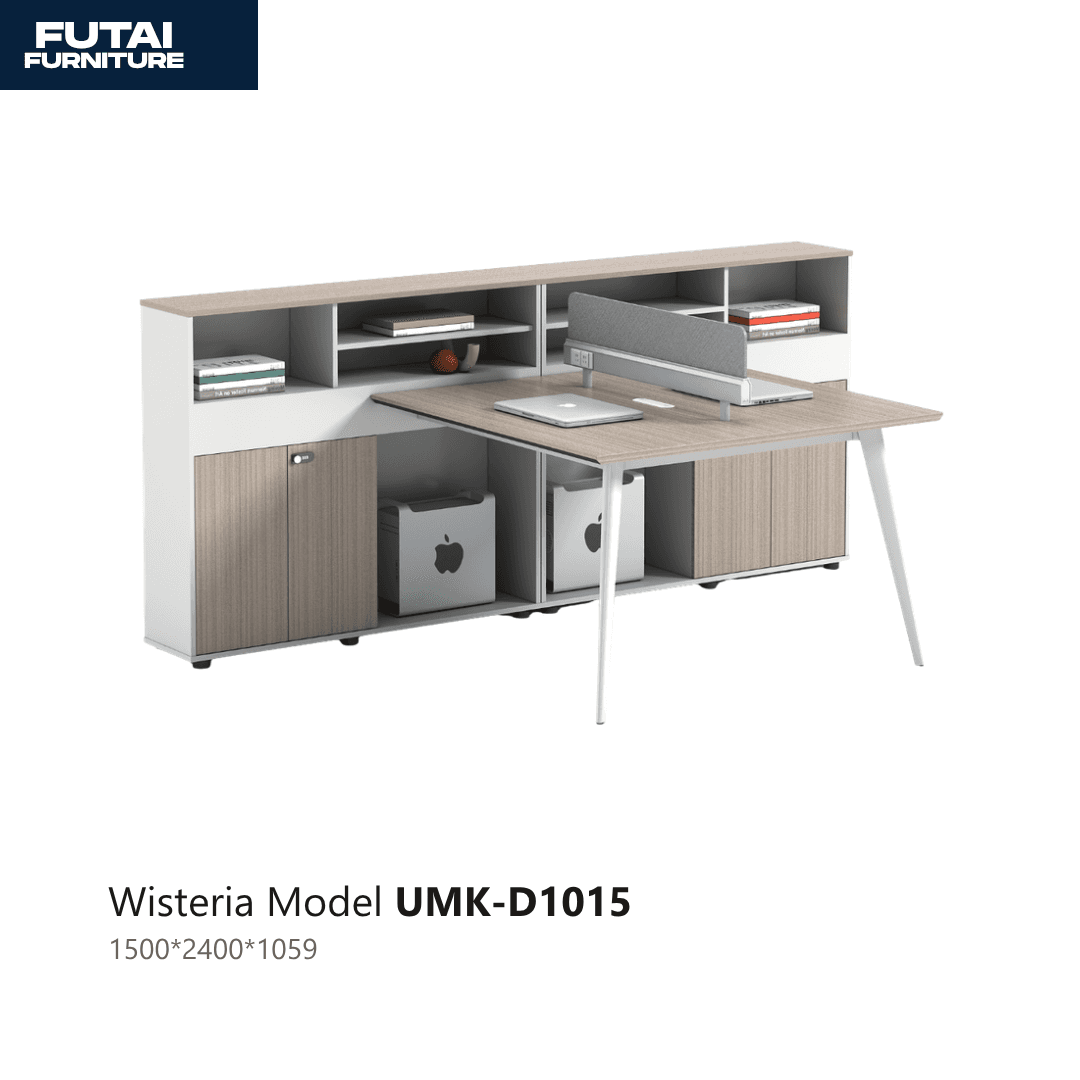 โต๊ะทำงานตัวแอลขนาดใหญ่ รุ่น UMK-D1015 มีตู้ชั้นวางเหนือโต๊ะ