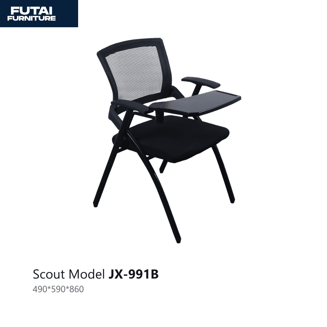 เก้าอี้พับมีล้อพร้อมแผ่นรองเขียน รุ่น JX-991B ตาข่ายสีดำ