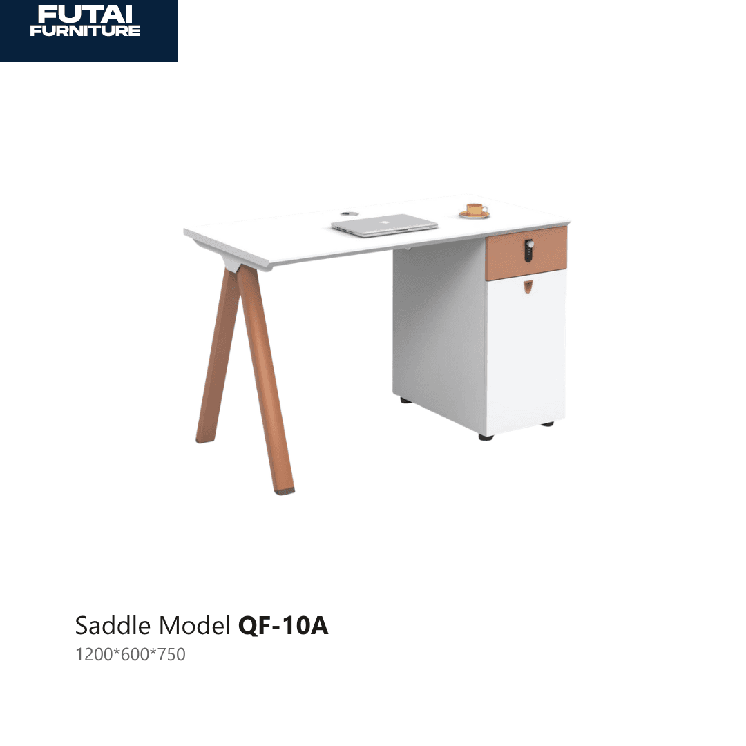โต๊ะทำงานขาคู่ รุ่น QF-10A สีขาว-น้ำตาล มีตู้ลิ้นชักมีล้อ