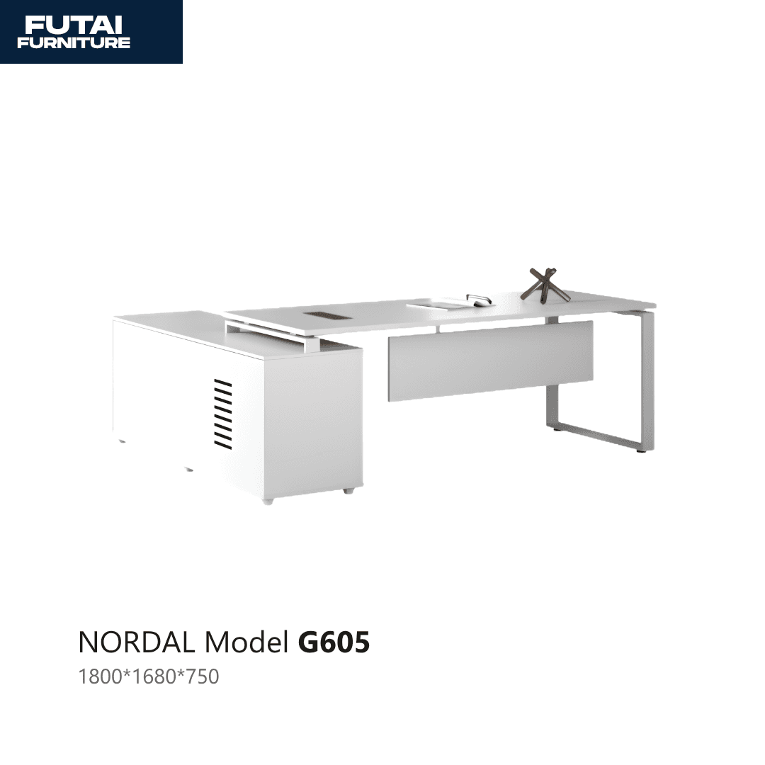 โต๊ะผู้บริหารทรงเกือกม้า รุ่น G605 สีขาวมินิมอล มีตู้ลิ้นชักในตัว